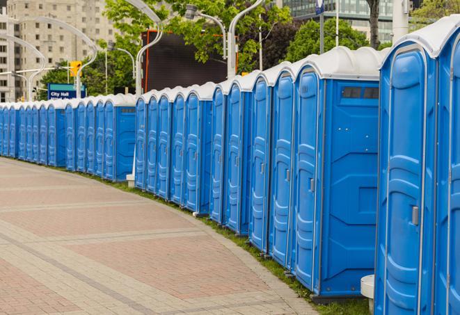 portable restrooms lined up at a marathon, ensuring runners can take a much-needed bathroom break in Bellbrook OH